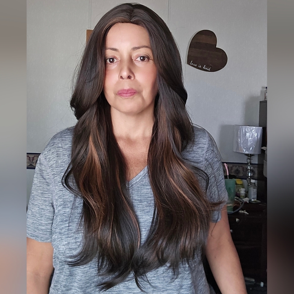 NEW 26" Long Woman Layered Middle Part Wig Brown Mixed With  ombre Highlights
